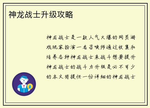 神龙战士升级攻略